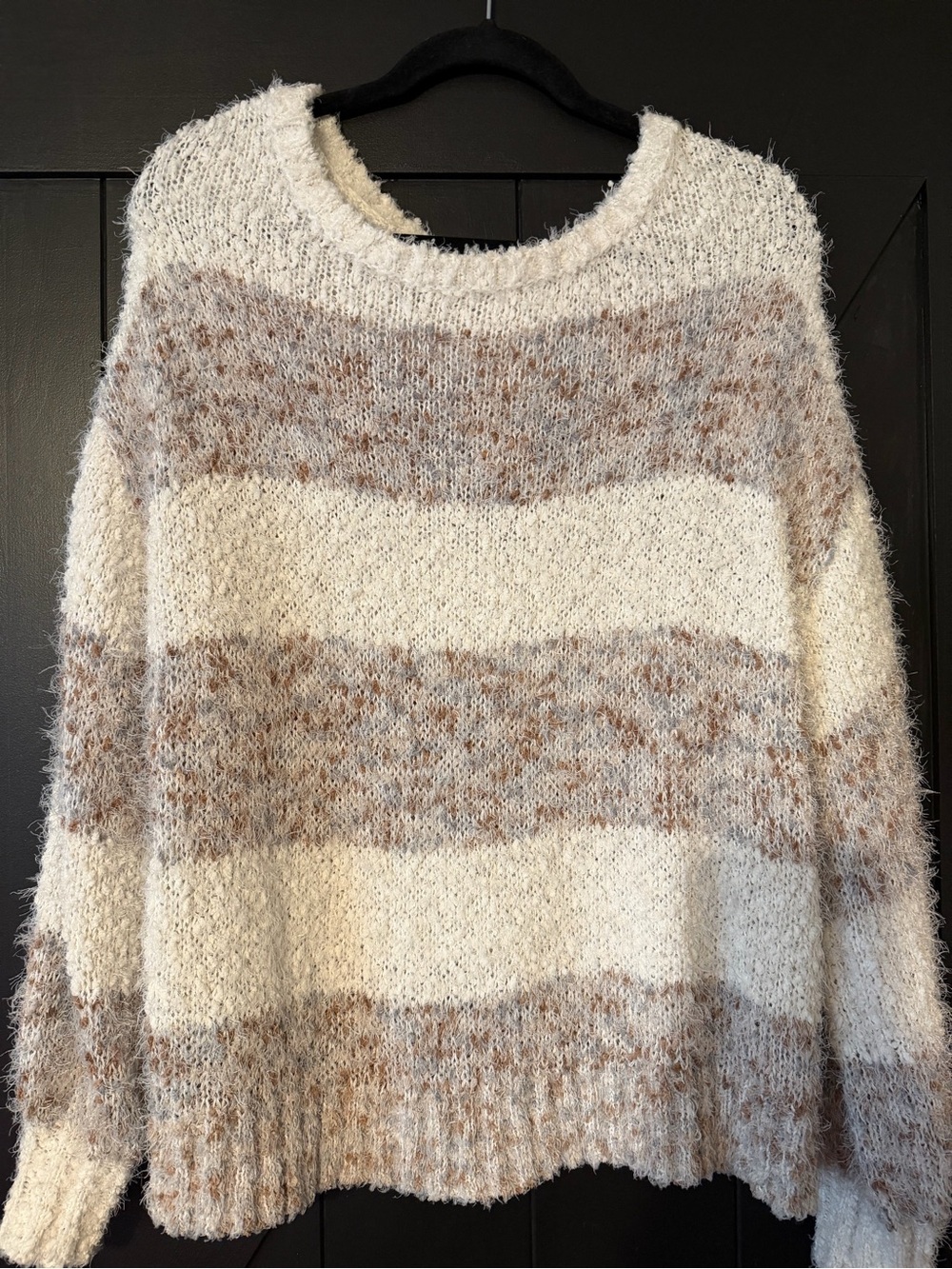 Maurices Cream and Light Brown Striped Fuzzy Crewneck Sweater